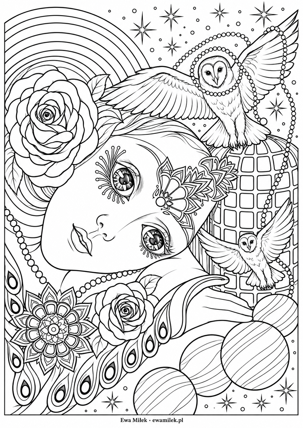 Owls and roses — a colouring page from Ewa Miłek's painting