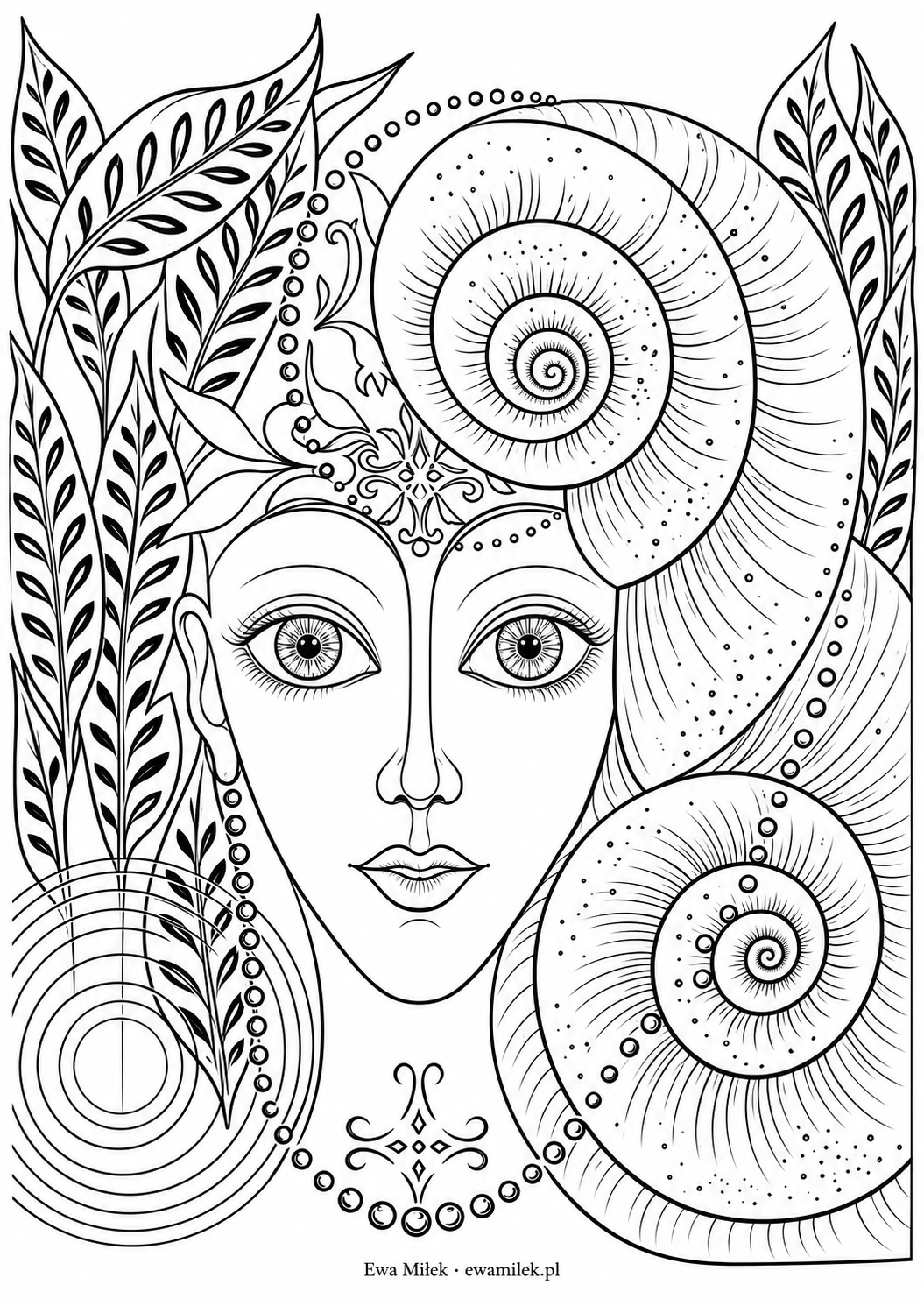 Spirals and leaves — a colouring page from Ewa Miłek's painting