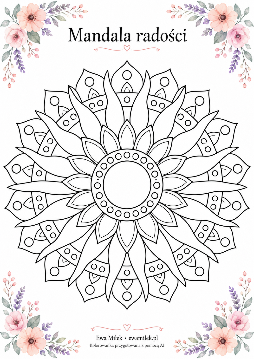 Mandala radości — konturowa kolorowanka do wydruku