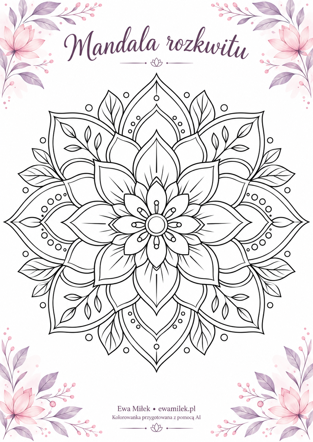 Mandala rozkwitu — konturowa kolorowanka do wydruku