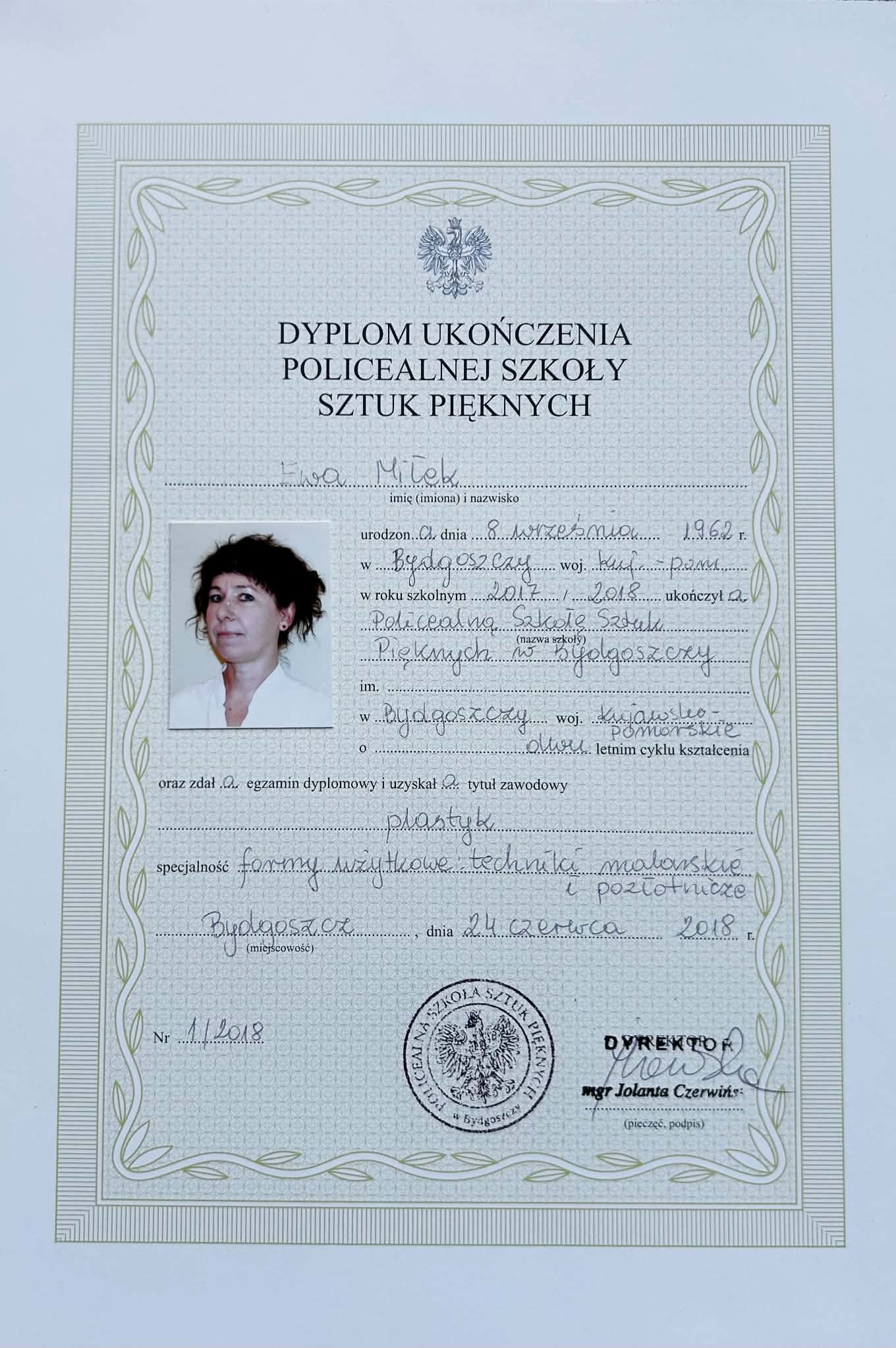 Post-secondary School of Fine Arts — graduation diploma — Ewa Miłek