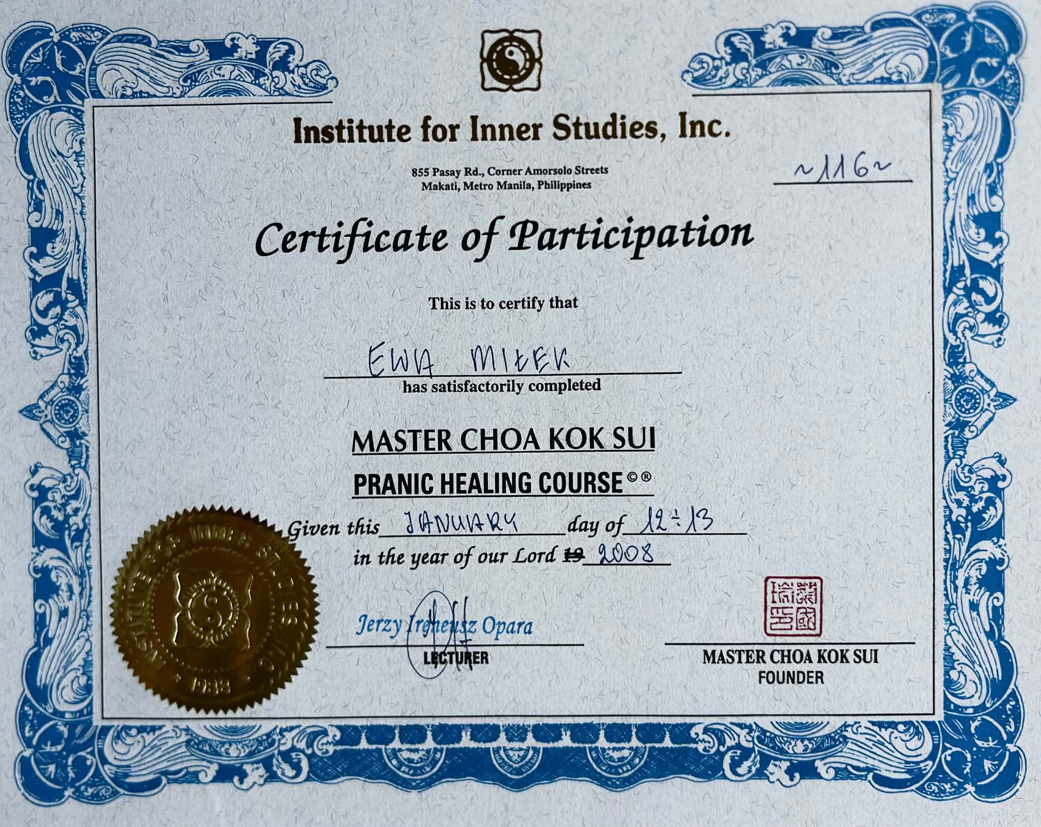 Pranic Healing — certificate of participation — Ewa Miłek