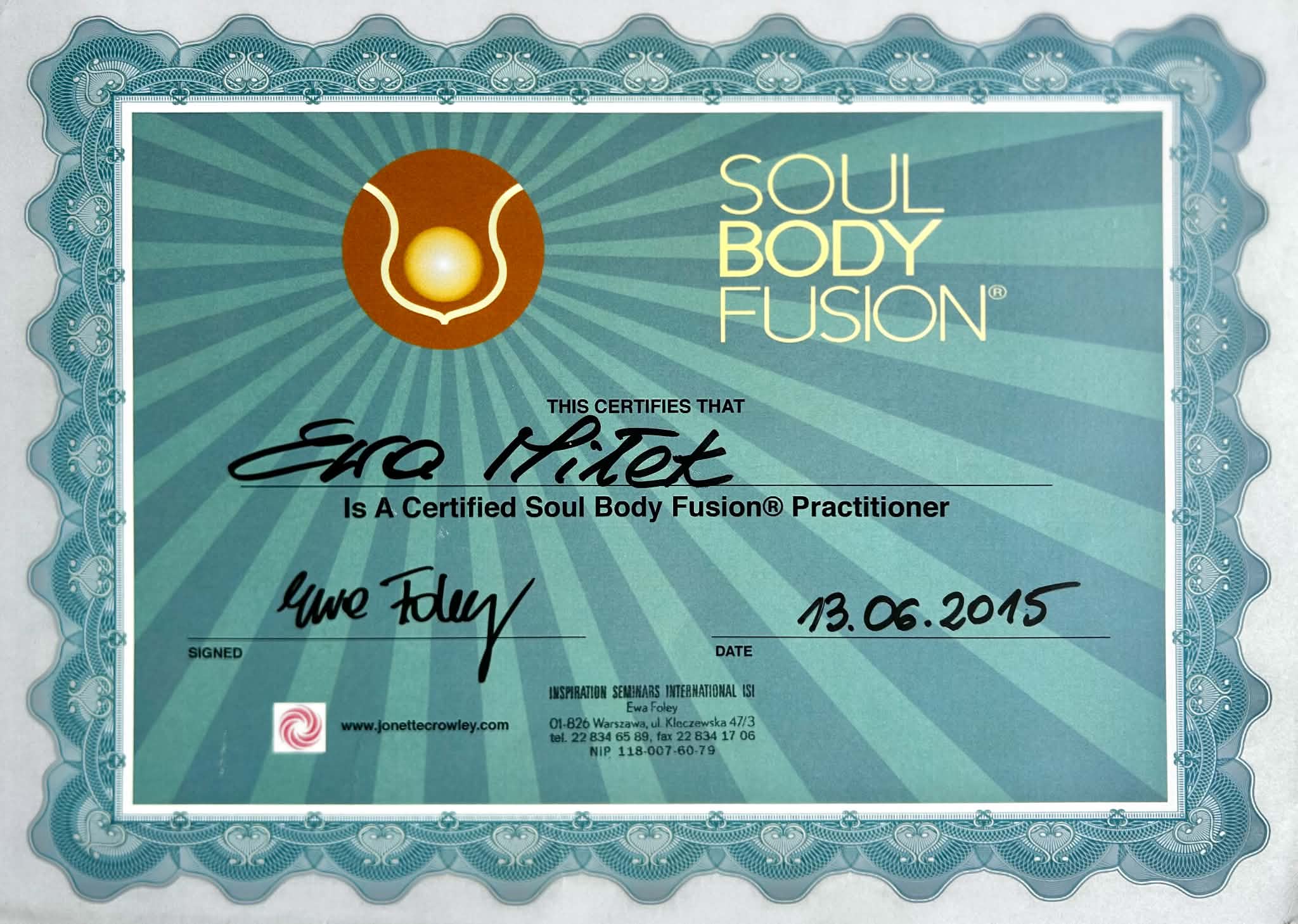 Soul Body Fusion — certificate — Ewa Miłek
