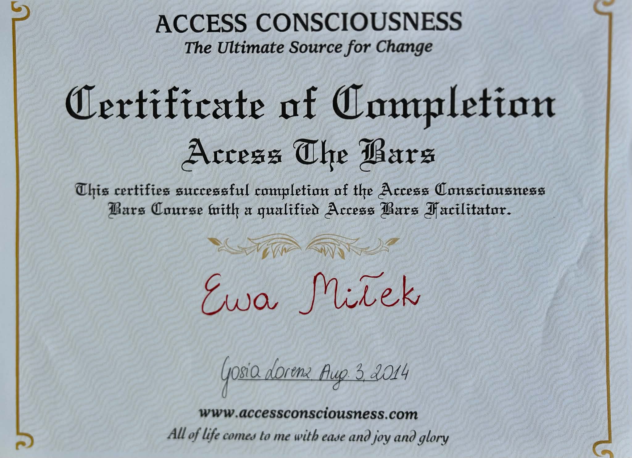 Access Bars — certificate of completion — Ewa Miłek